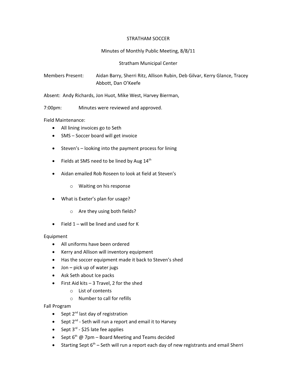 Minutes of Monthly Public Meeting, 8/8/11