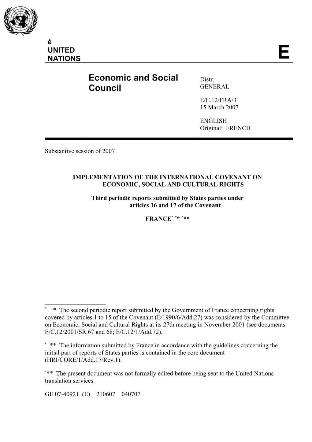 Implementation of the International Covenant Oneconomic, Social and Cultural Rights