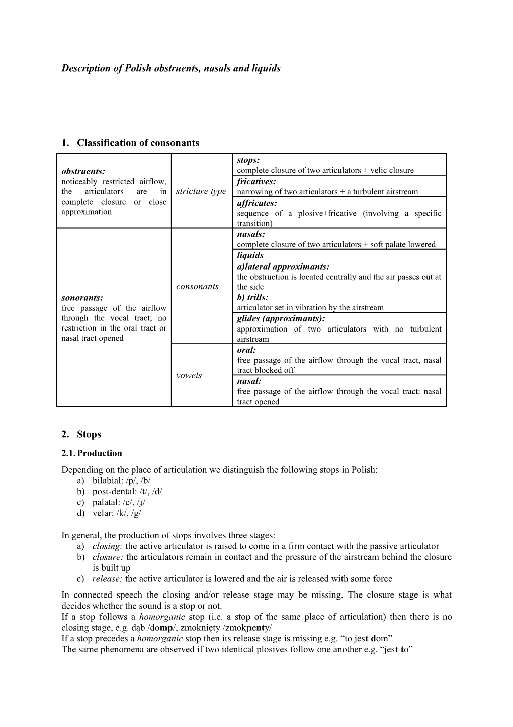 Description of Polish Obstruents, Nasals and Liquids