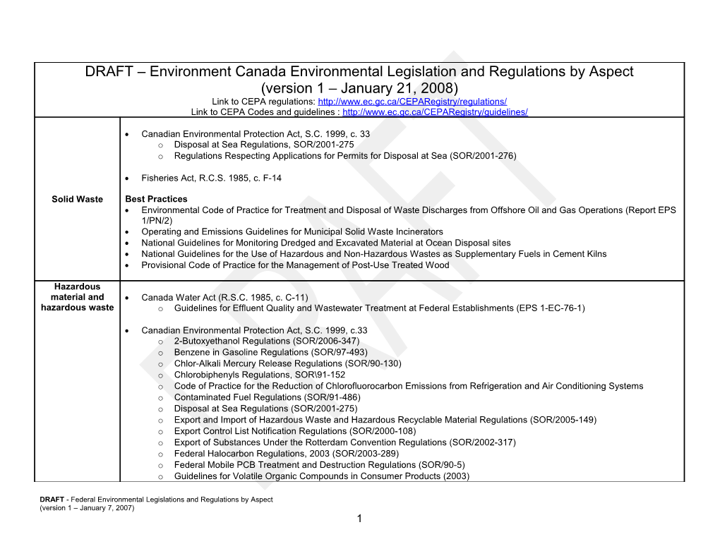 Federal Environmental Legislations and Regulations by Aspect