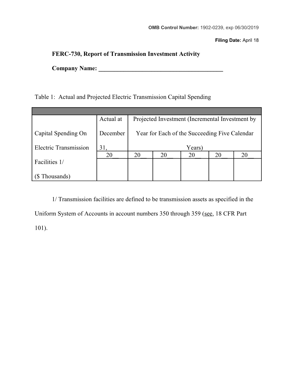 FERC-730, Report of Transmission Investment Activity