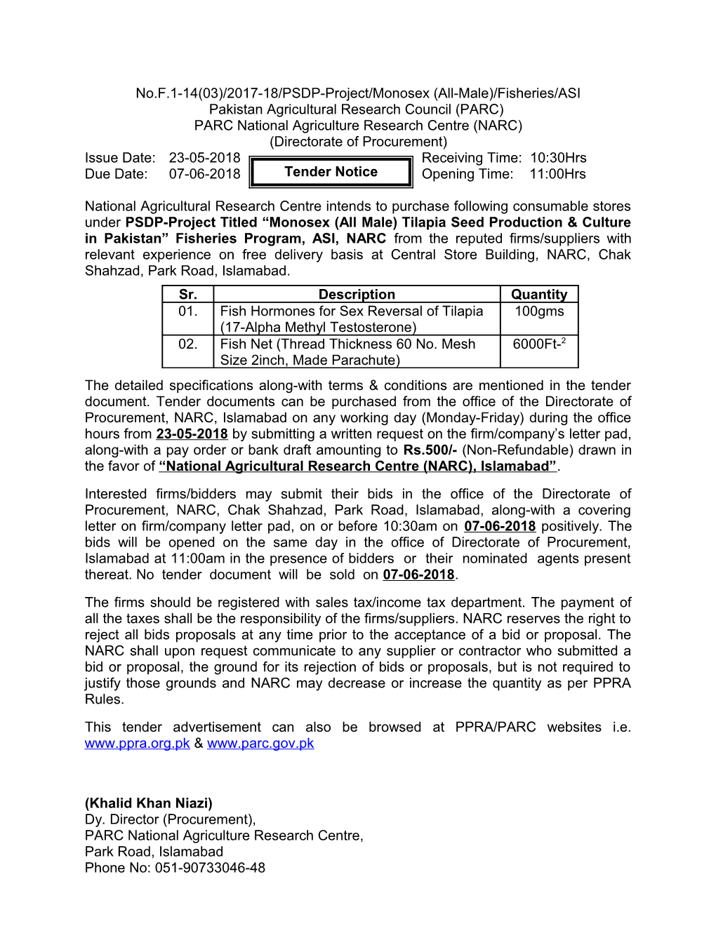 No.F.1-14(03)/2017-18/PSDP-Project/Monosex (All-Male)/Fisheries/ASI