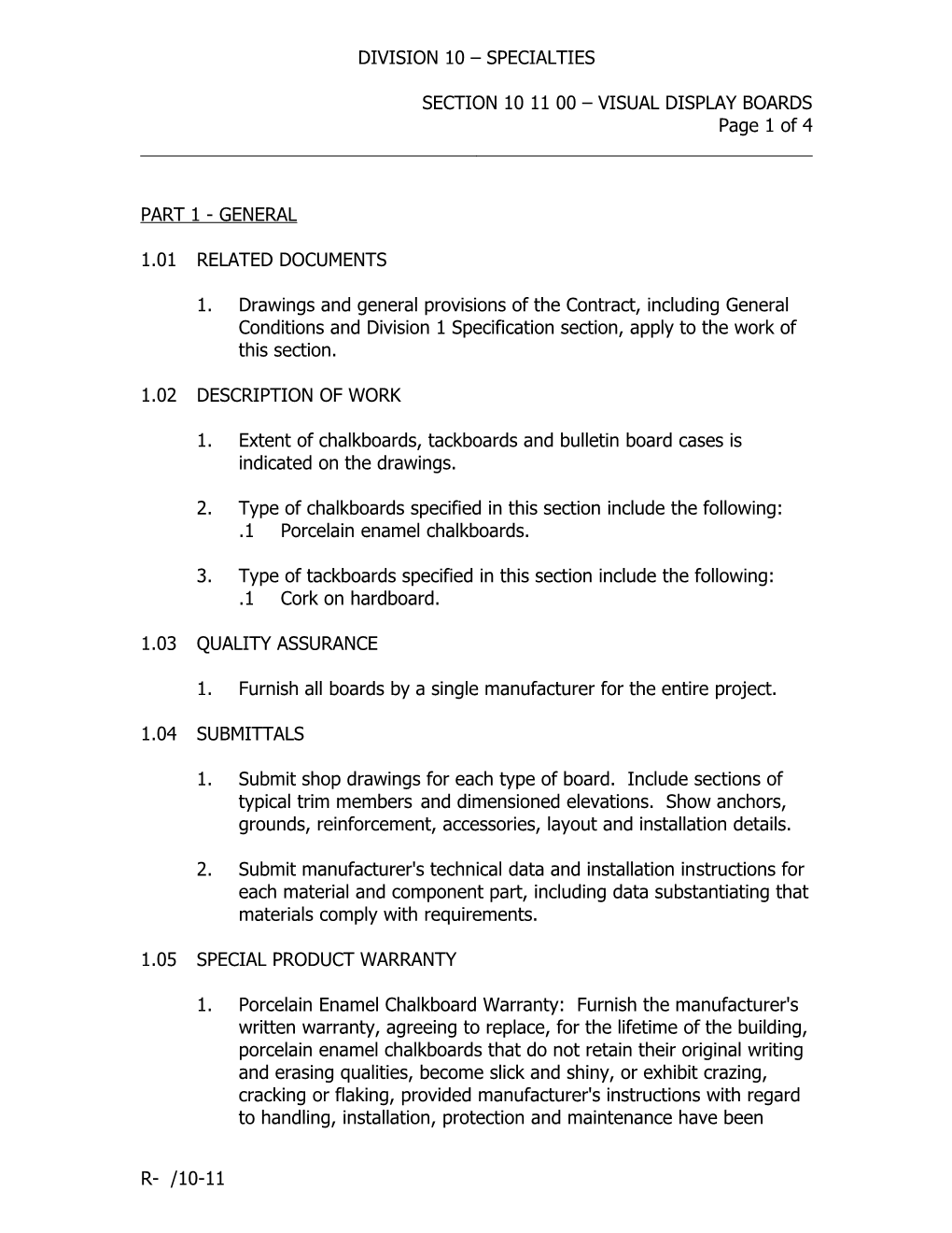 Section 10 11 00 Visual Display Boards
