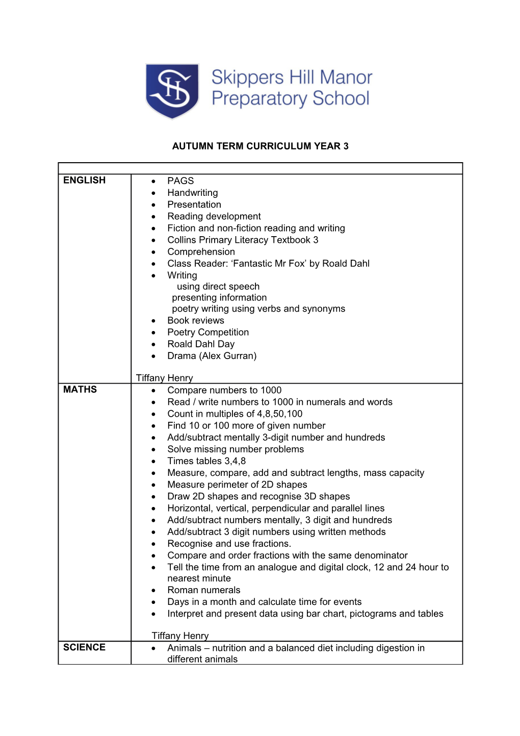 Autumn Term Curriculum Year 3