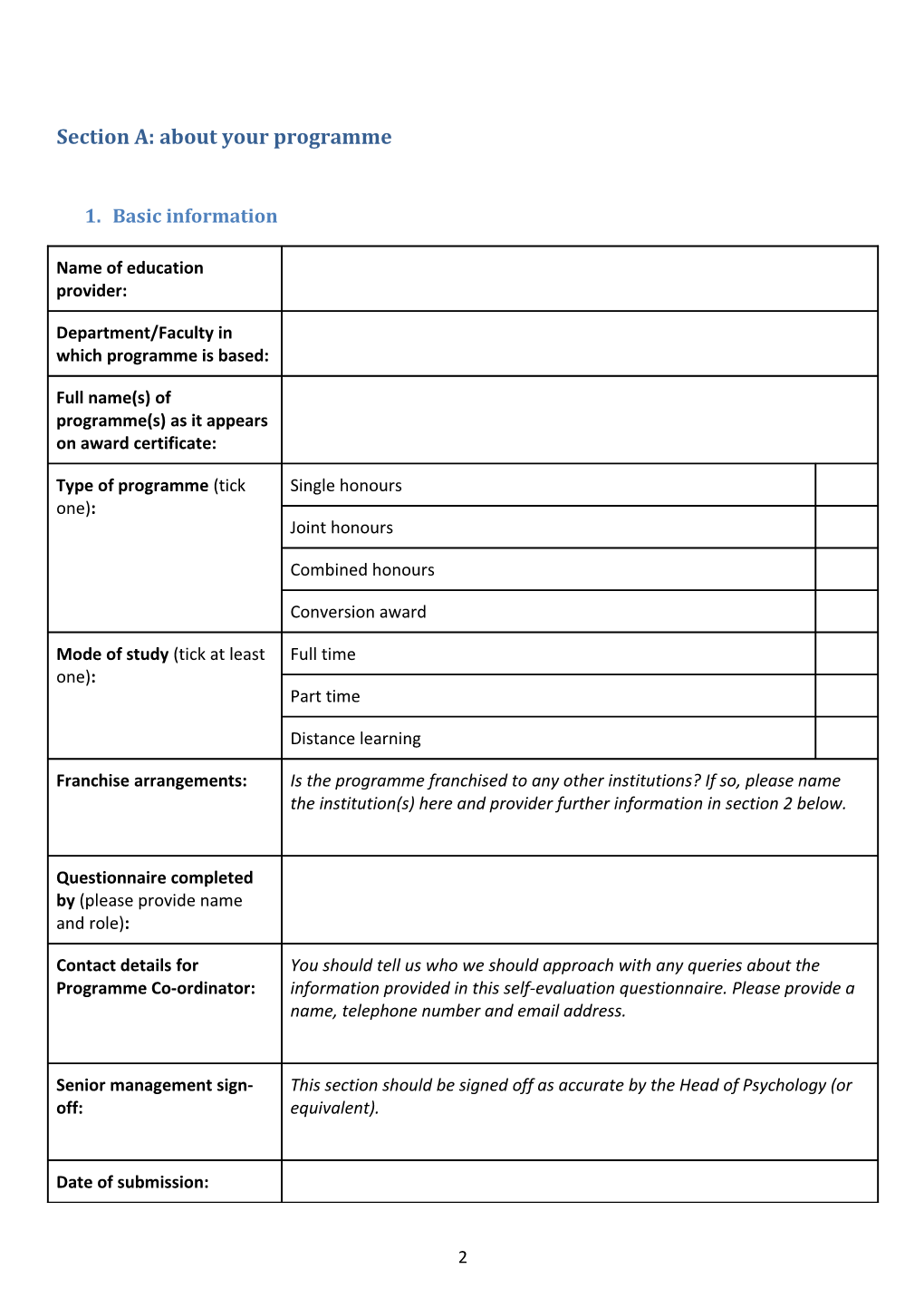 Self-Evaluation Questionnaire for Resource Reviews of Undergraduate and Conversion Programmes