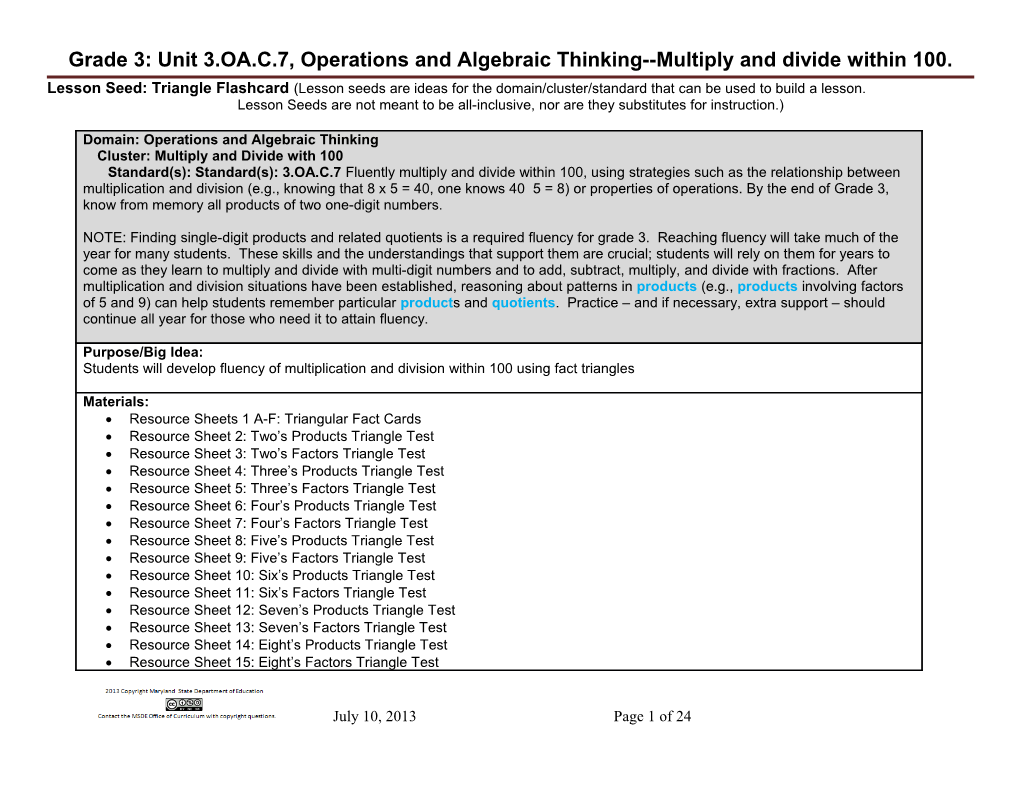 Grade 3: Unit 3.OA.C.7, Operations and Algebraic Thinking Multiply and Divide Within 100