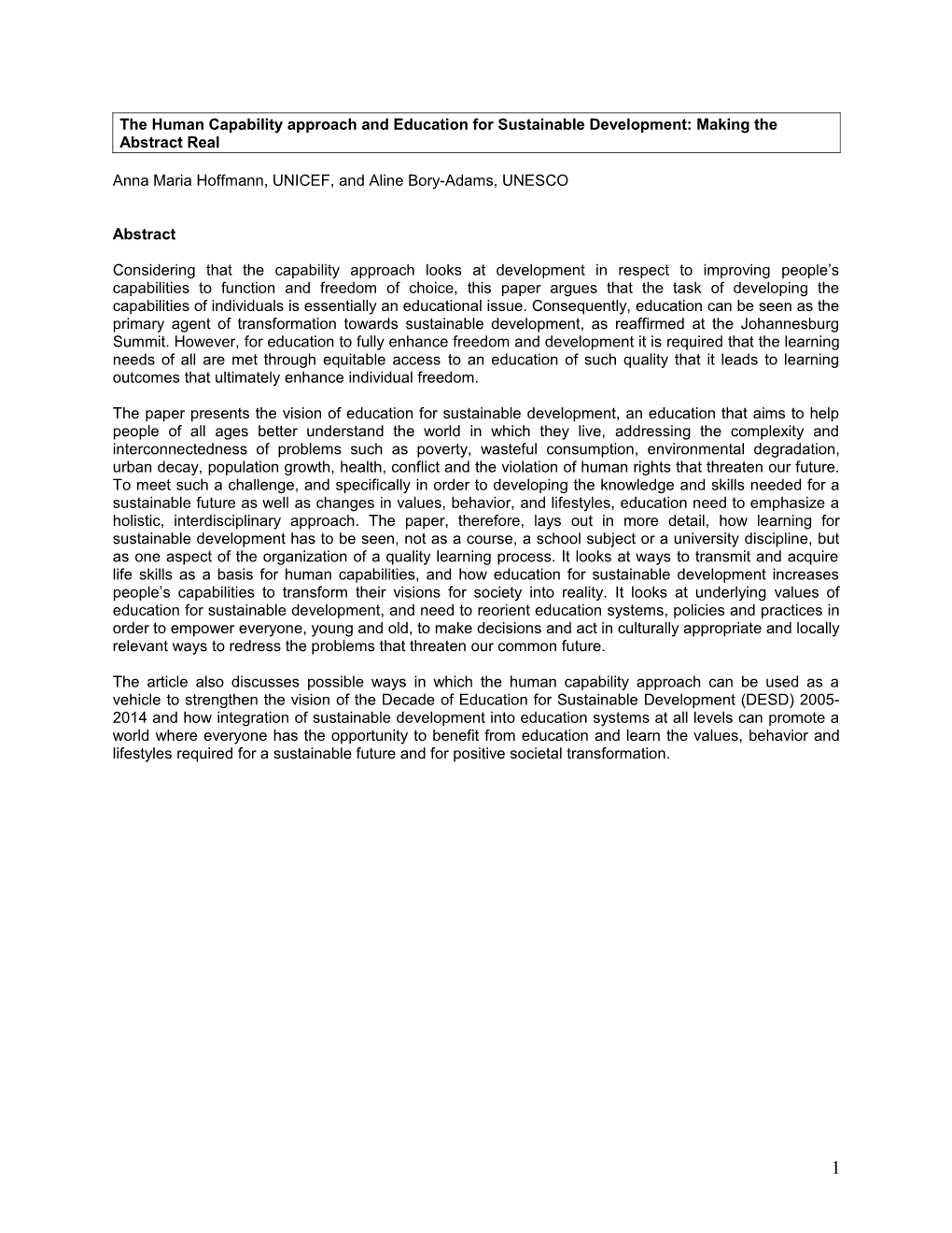 The Human Capability Approach And Education For Sustainable Development: Making The Abstract Real