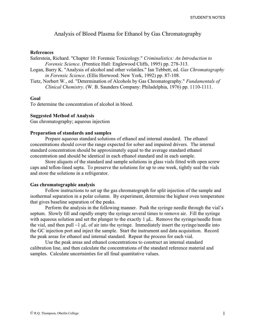 Analysis of Blood Alcohol by Headspace Gas Chromatography