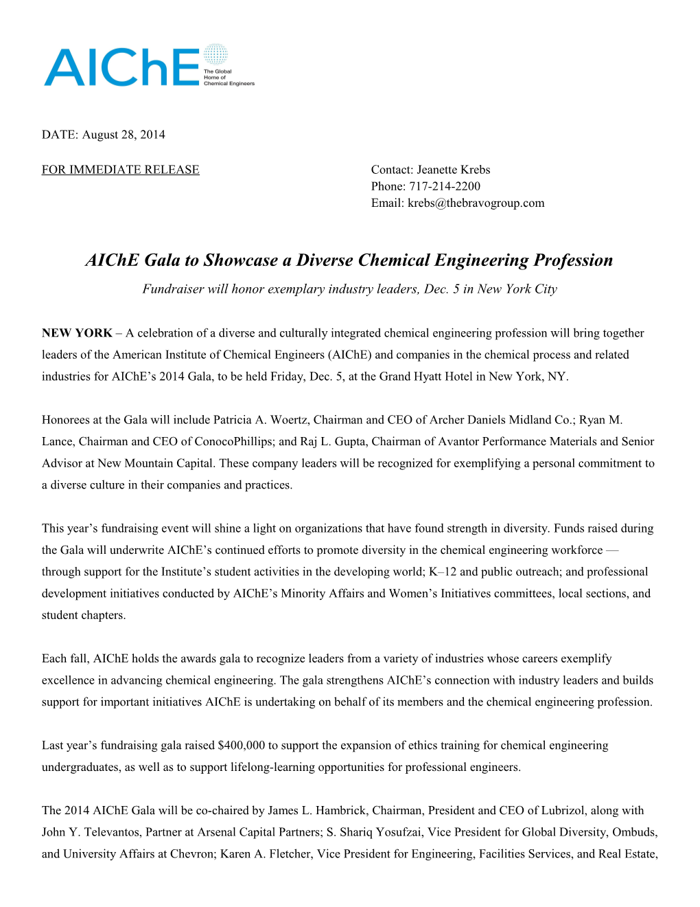 Aiche Gala to Showcase a Diverse Chemical Engineering Profession