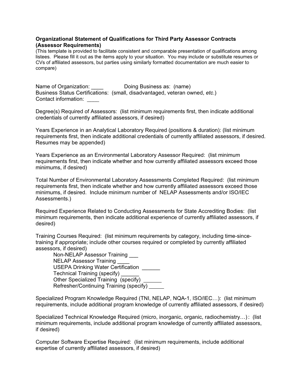 Organizational Statement of Qualifications for Third Party Assessor Contracts