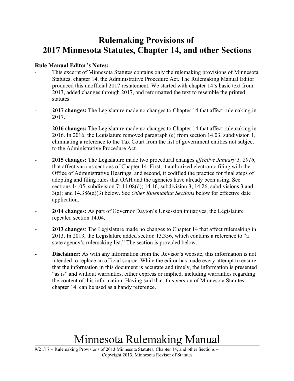 2017 Minnesota Statutes, Chapter 14, and Other Sections