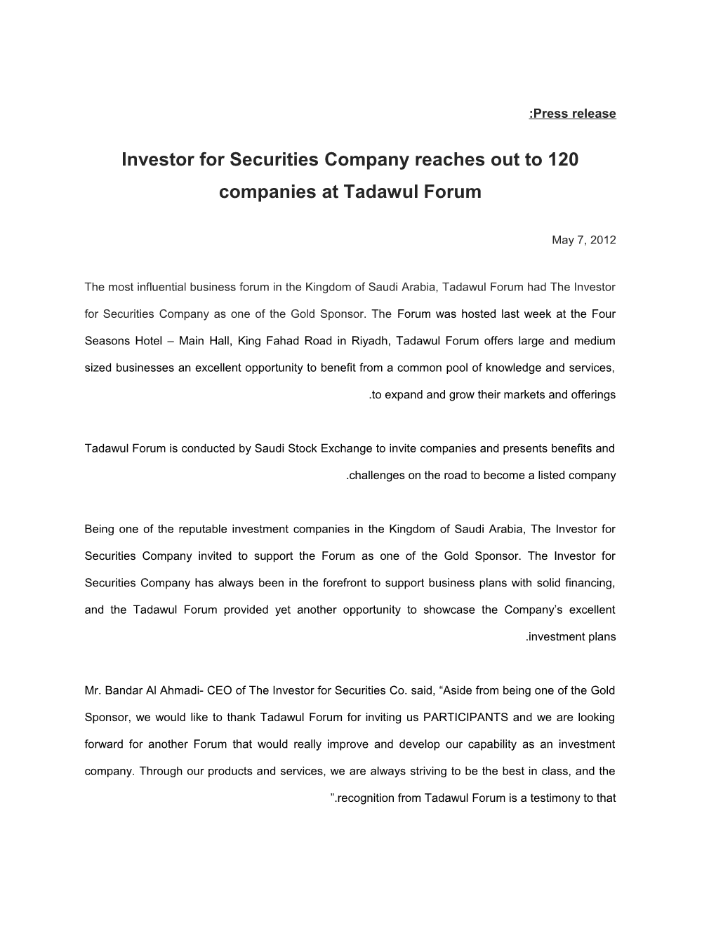 PR - the Investor for Securities - Tadawul Forum (English)