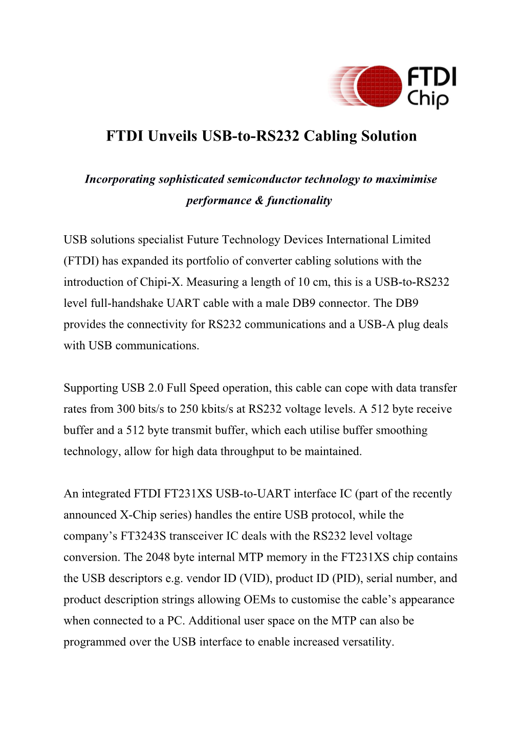 FTDI Unveils USB-To-RS232 Cabling Solution