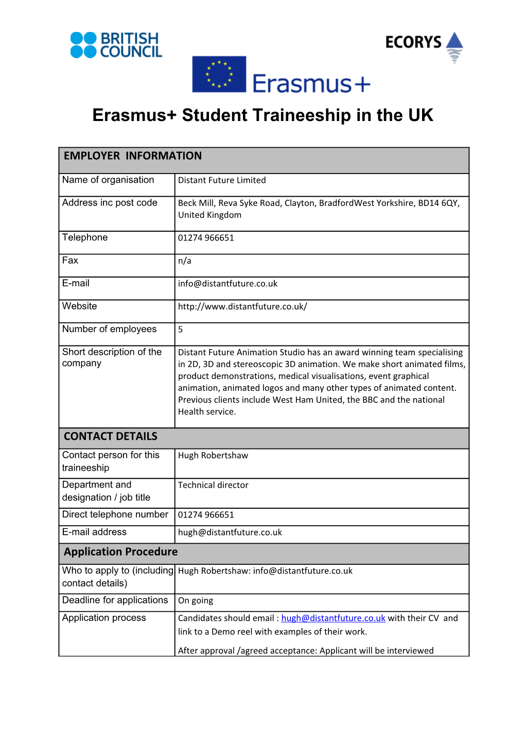 Erasmus+ Student Traineeship in the UK