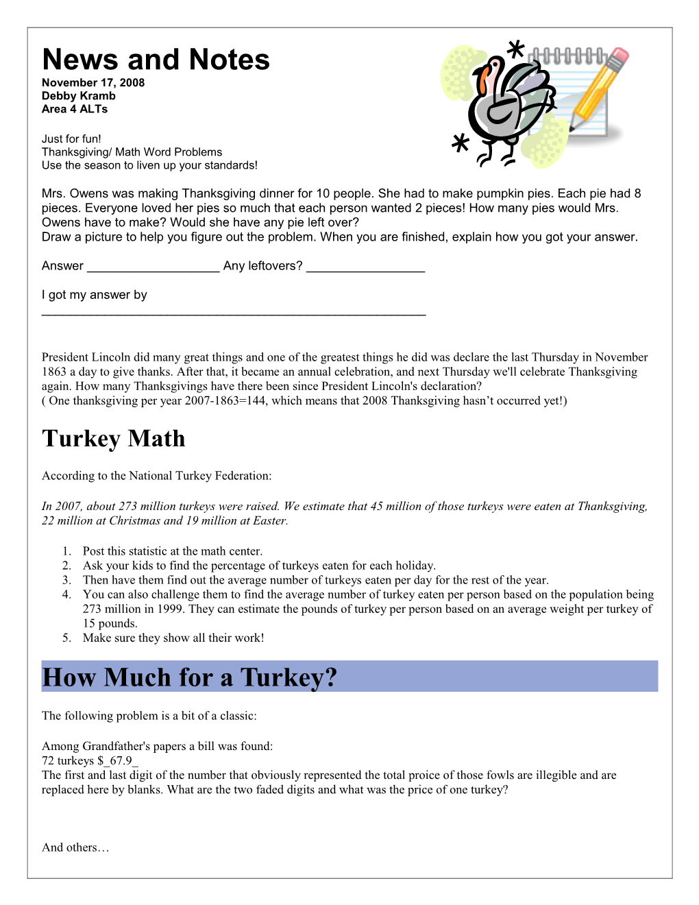 Thanksgiving/ Math Word Problems