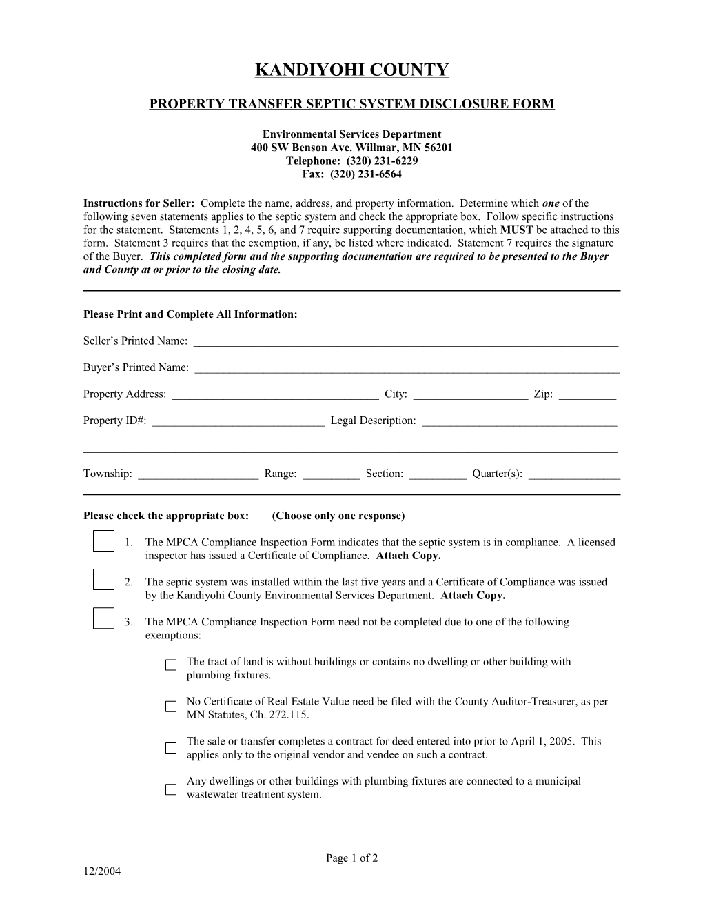 Property Transfer Septic System Disclosure Form