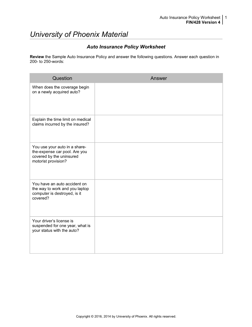Auto Insurance Policy Worksheet