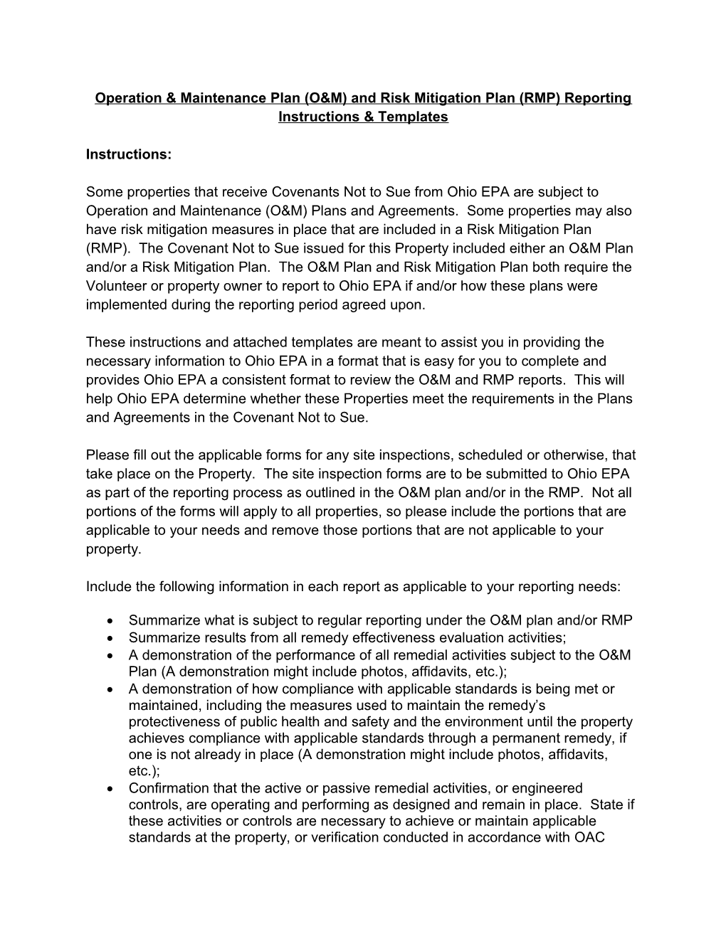 Operation & Maintenance Plan (O&M) and Risk Mitigation Plan (RMP) Reporting Instructions