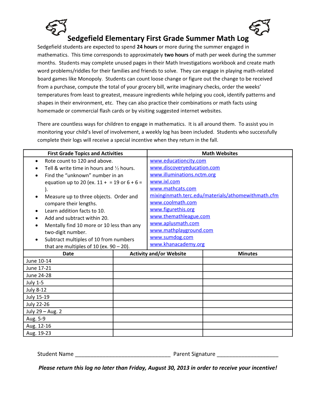 Sedgefield Elementary First Grade Summer Math Log