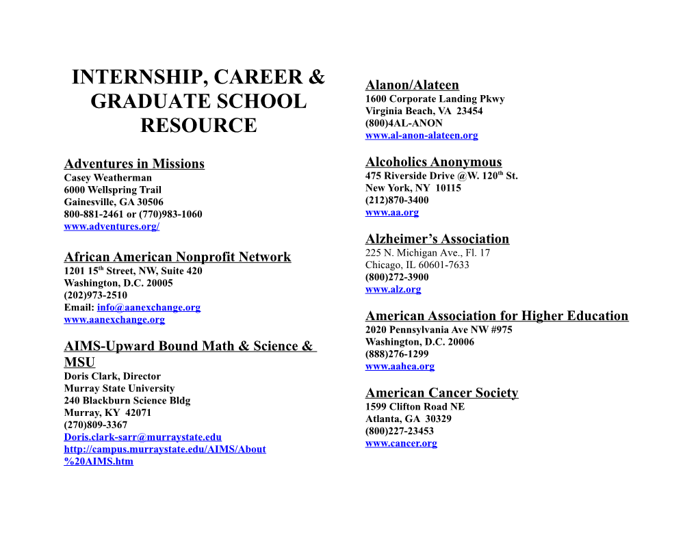 Internship, Career & Graduate School Resource