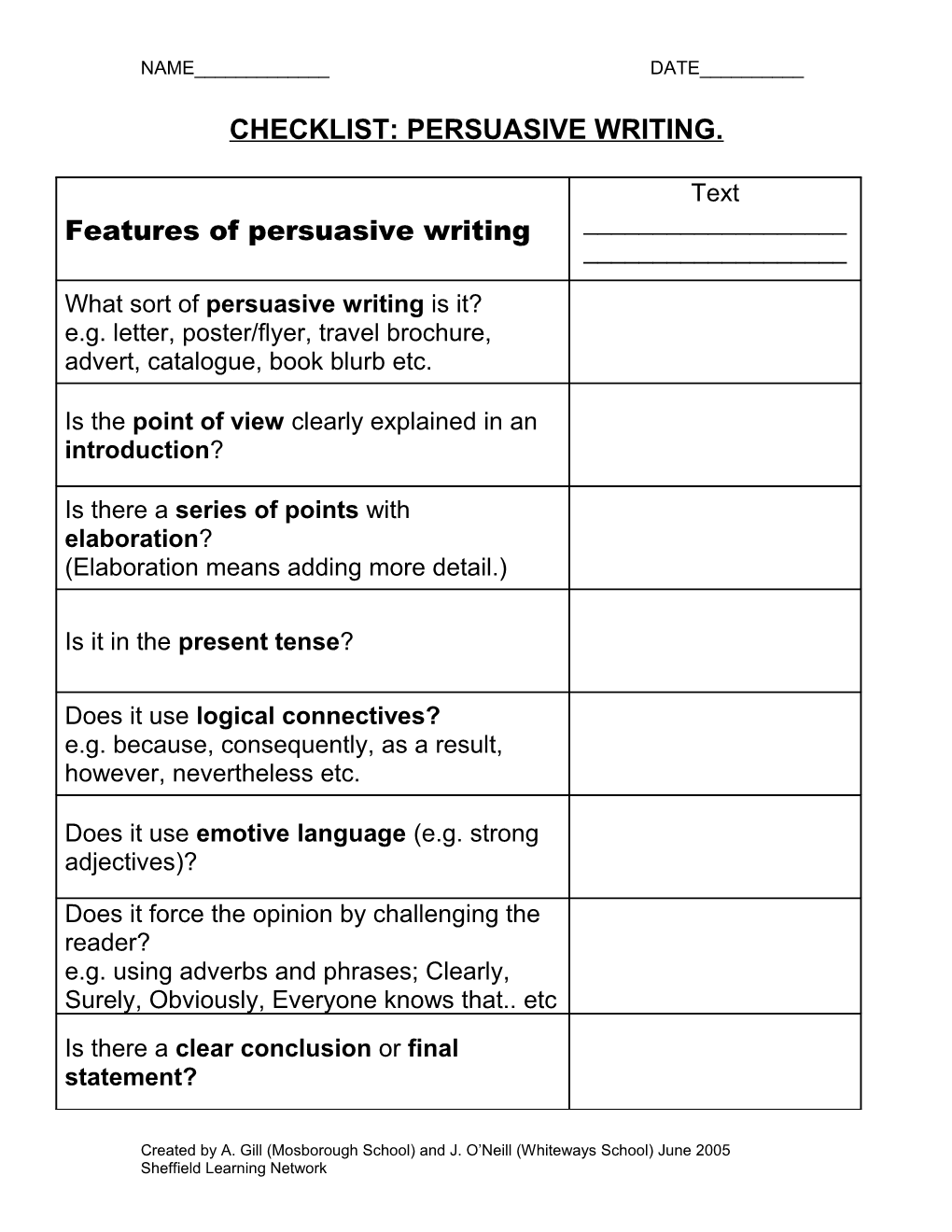 CHECKLIST: Persuasive Writing