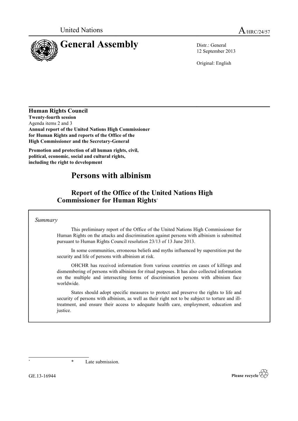 Persons with Albinism - Report of the Office of the United Nations High Commissioner For