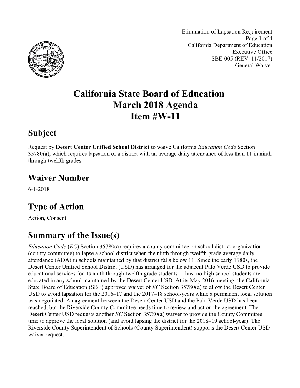 March 2018 Waiver Item W-11 - Meeting Agendas (CA State Board of Education)
