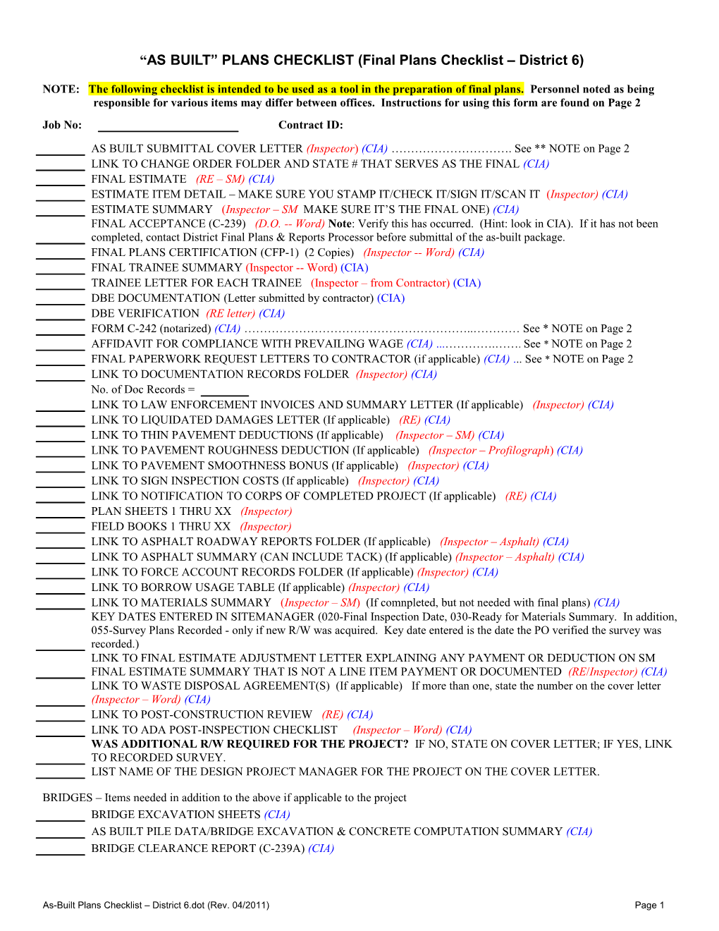 Final Plans Checklist