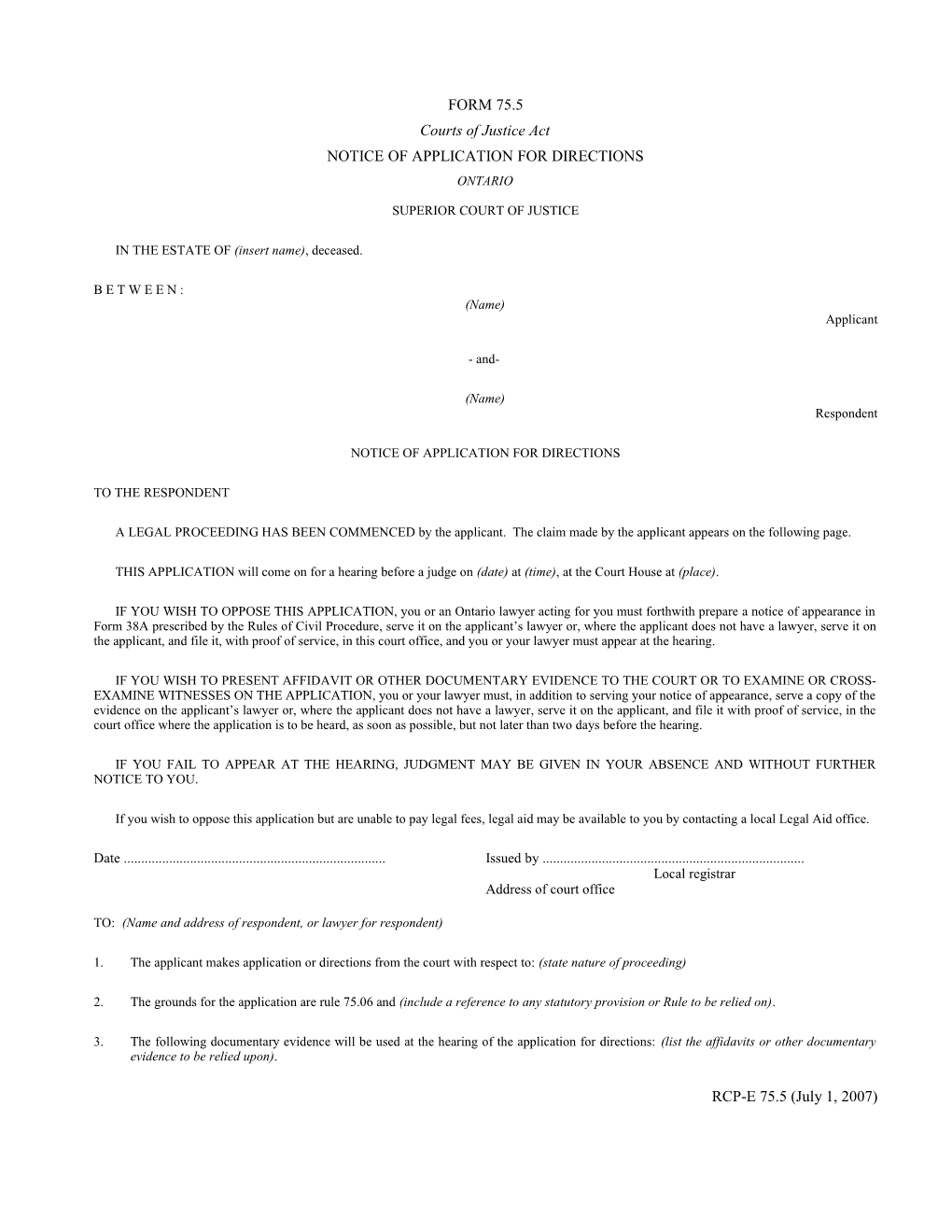 Form 75.5 Notice of Application for Directions