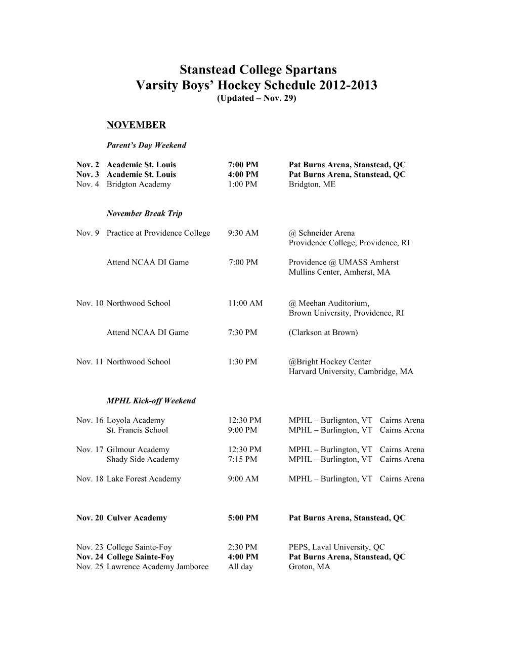 Stanstead College Spartans Schedule 2009-2010