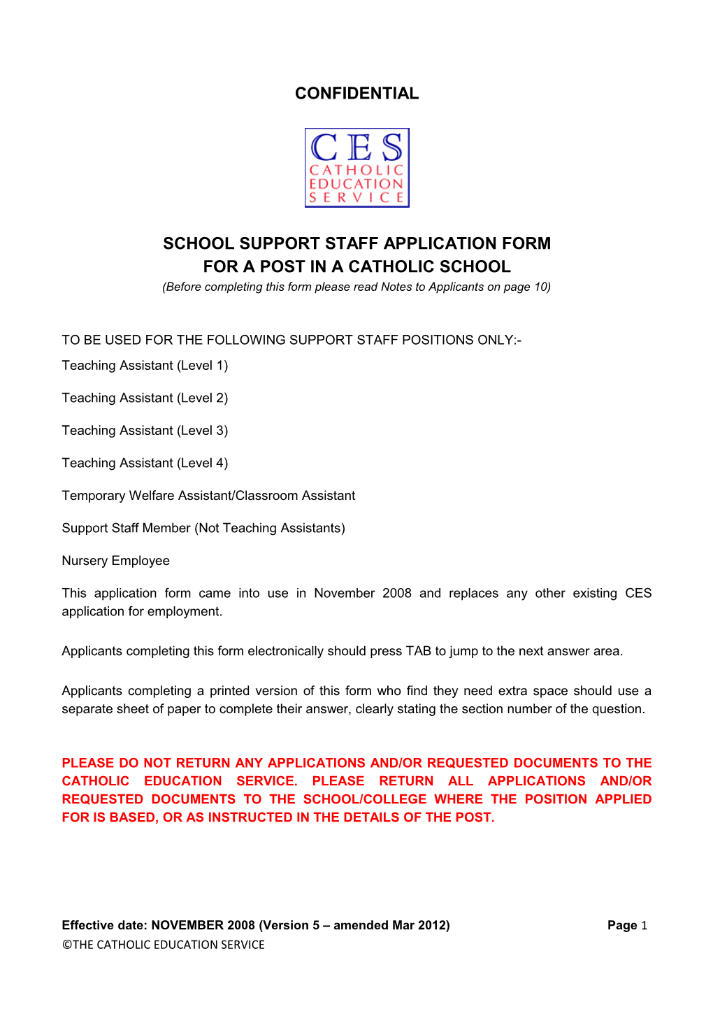 School Support Staff Application Form for a Post in a Catholicschool