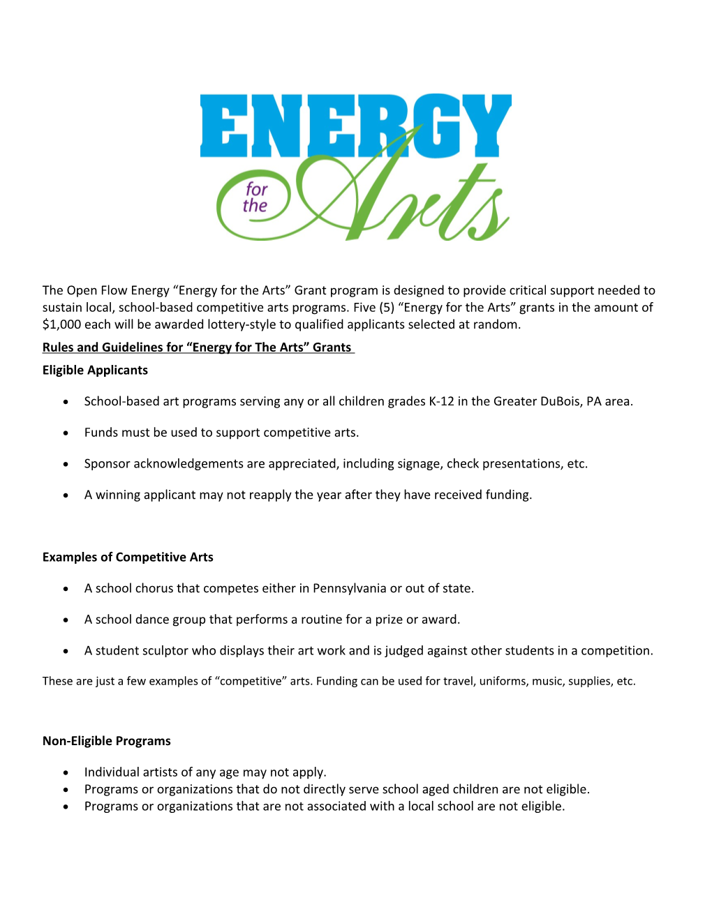 Rules and Guidelines for Energy for the Arts Grants