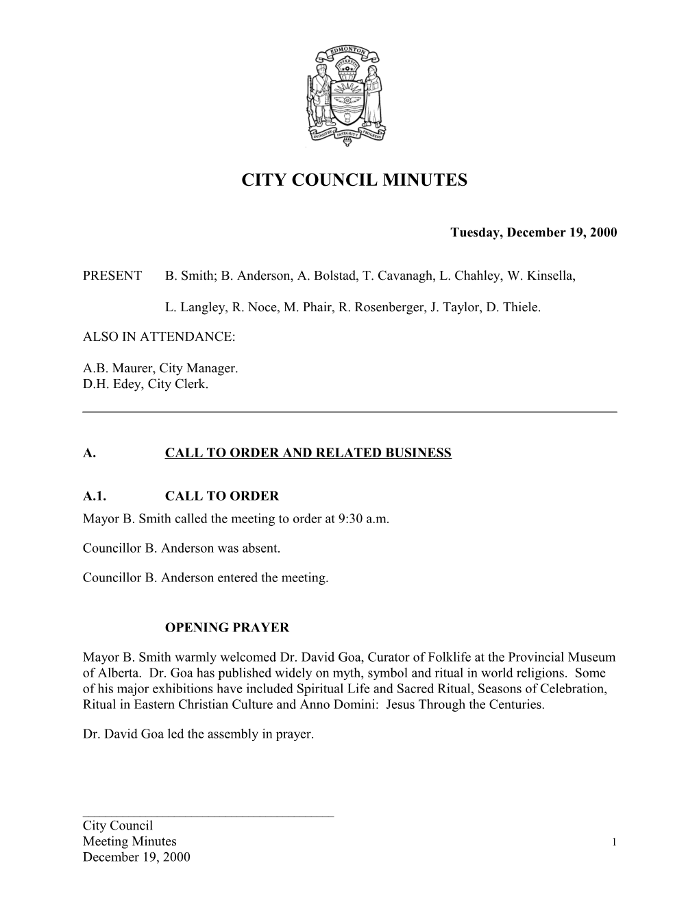 Minutes for City Council December 19, 2000 Meeting