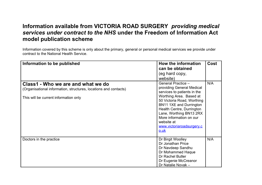 Information Available from VICTORIA ROAD SURGERY Providing Medical Services Under Contract