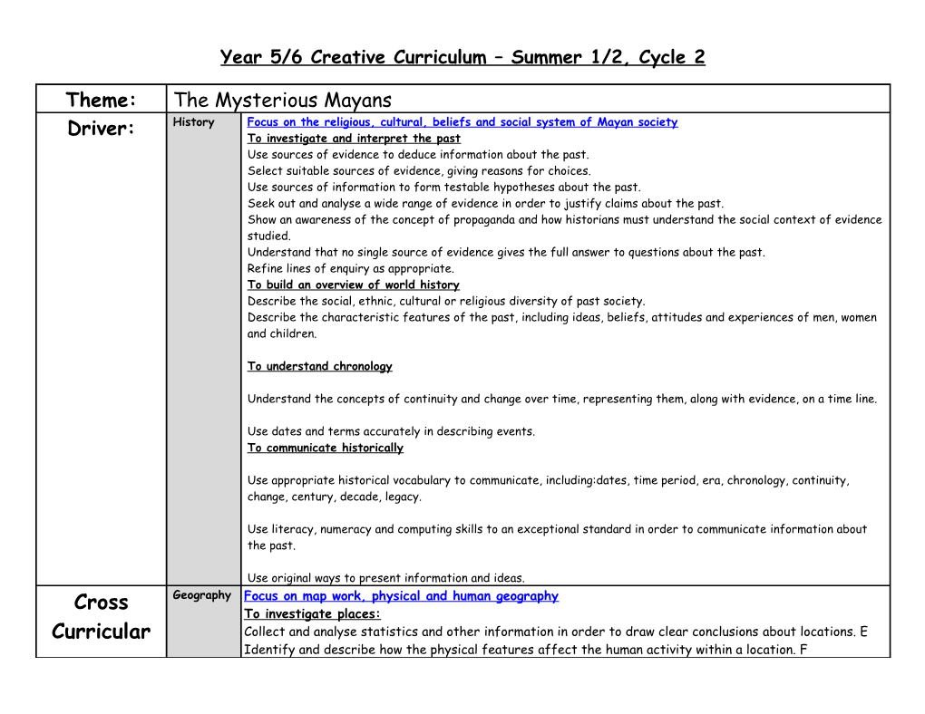 Year 5/6 Creative Curriculum Summer 1/2, Cycle 2