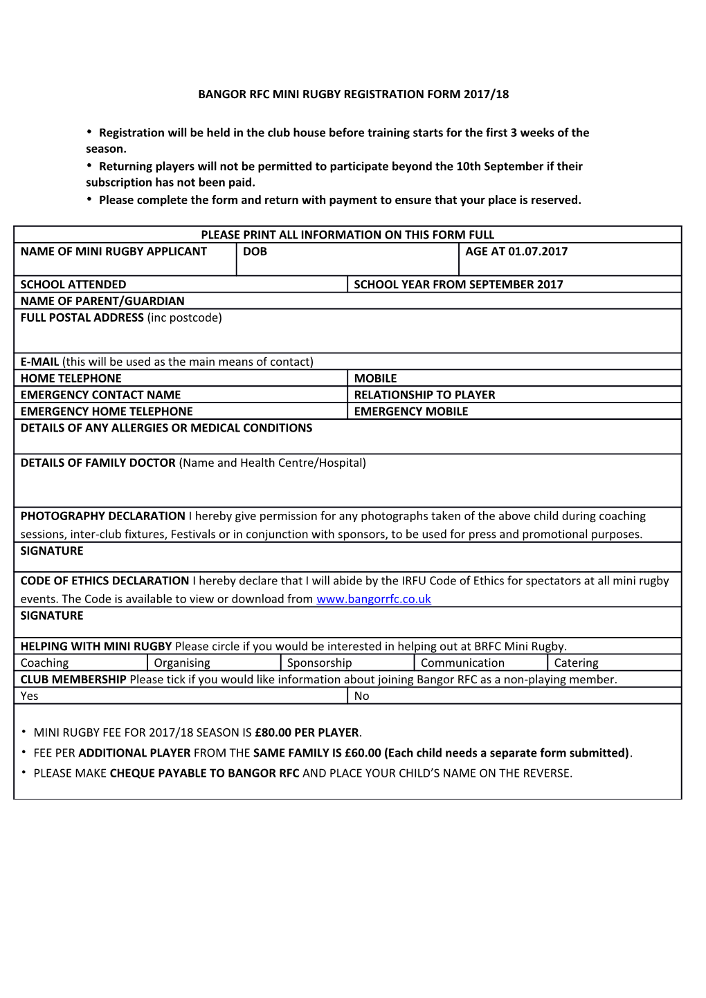 Bangor Rfc Mini Rugby Registration Form 2017/18