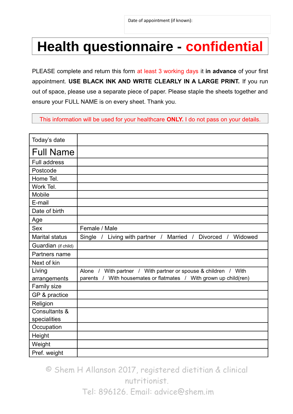 Health Questionnaire - Confidential