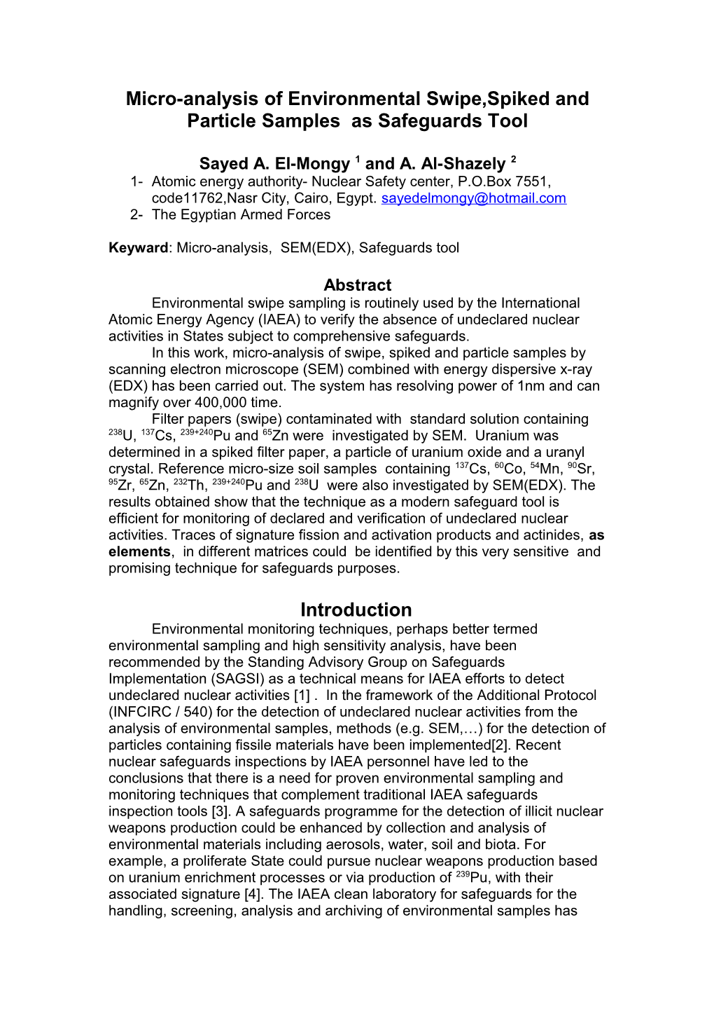 Micro-Analysis of Environmental Swipe,Spiked and Particle Samples As Safeguards Tool s1