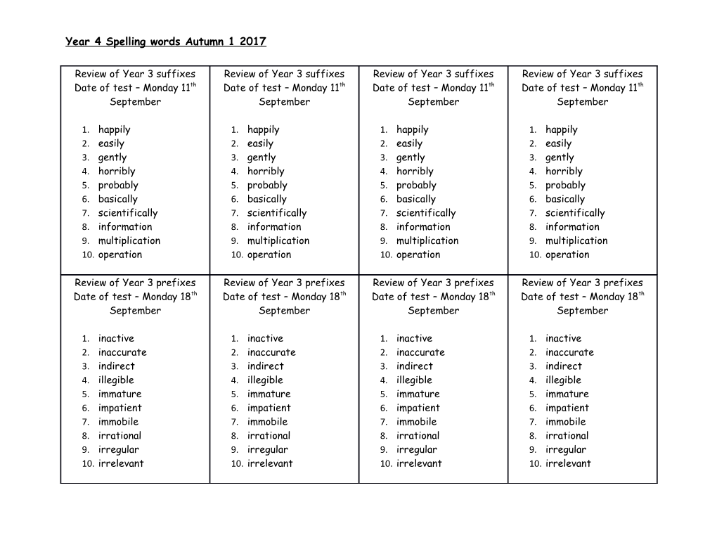 Year 4 Spelling Words Autumn 1 2017