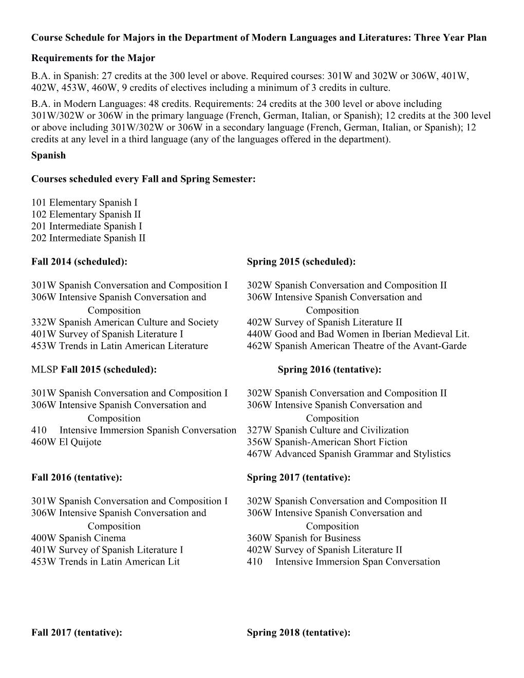 Course Schedule for Majors in the Department of Modern Languages and Literatures: Three