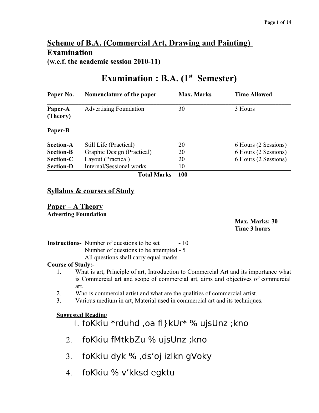 Scheme of BA (Commercial Art, Designing & Painting Examination)