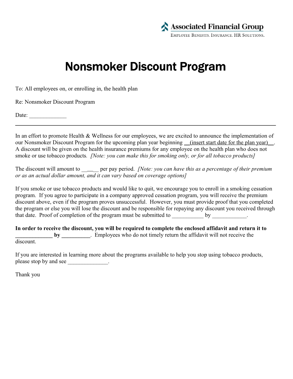 Nonsmoker Discount Program To: All Employees On, Or Enrolling In, the Health Plan