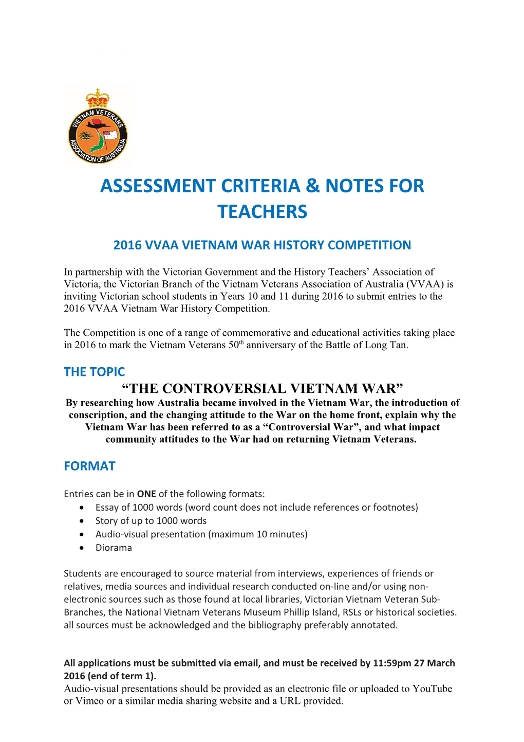 Assessment Criteria & Notes For