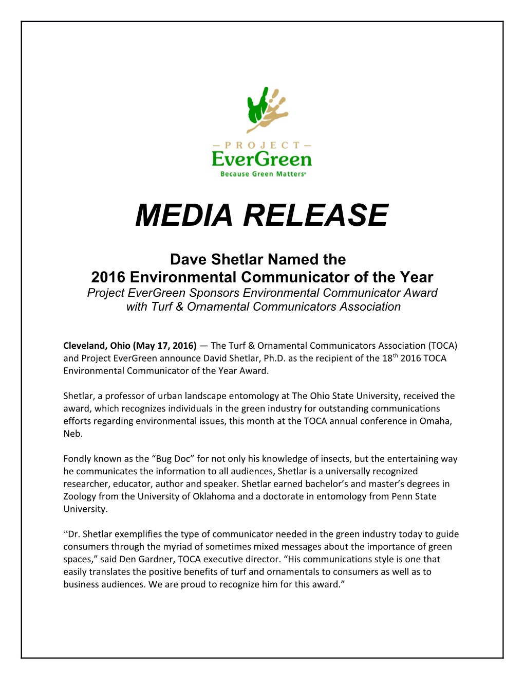 Dave Shetlar Named the 2016 Environmental Communicator of the Year