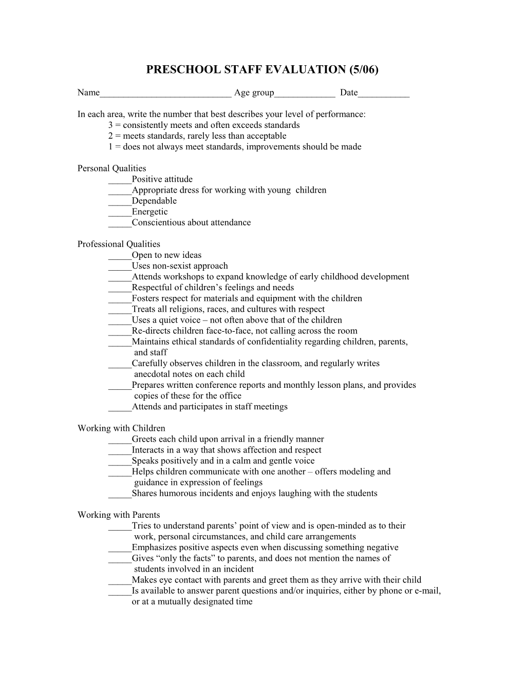 Adat Shalom Preschool Staff Evaluation (5/06)