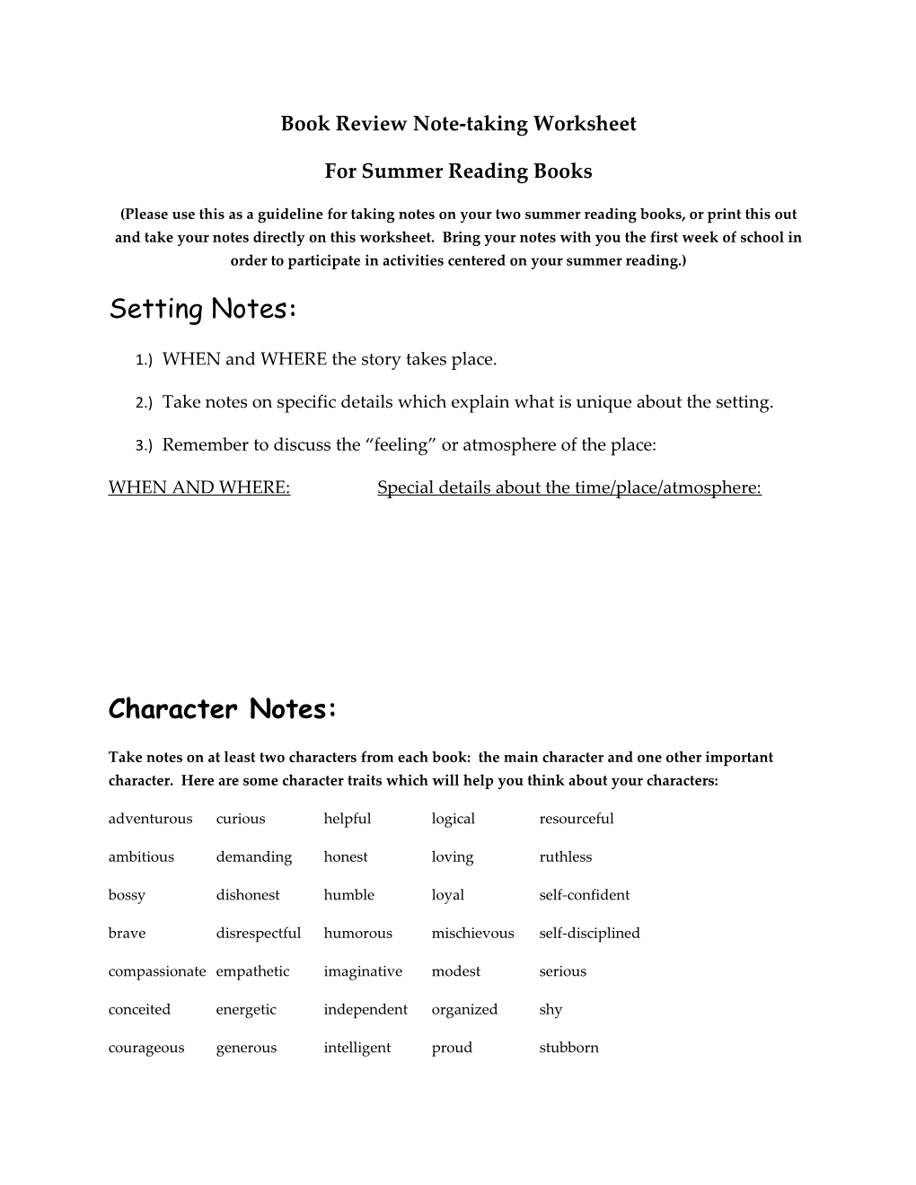 Book Review Note-Taking Worksheet