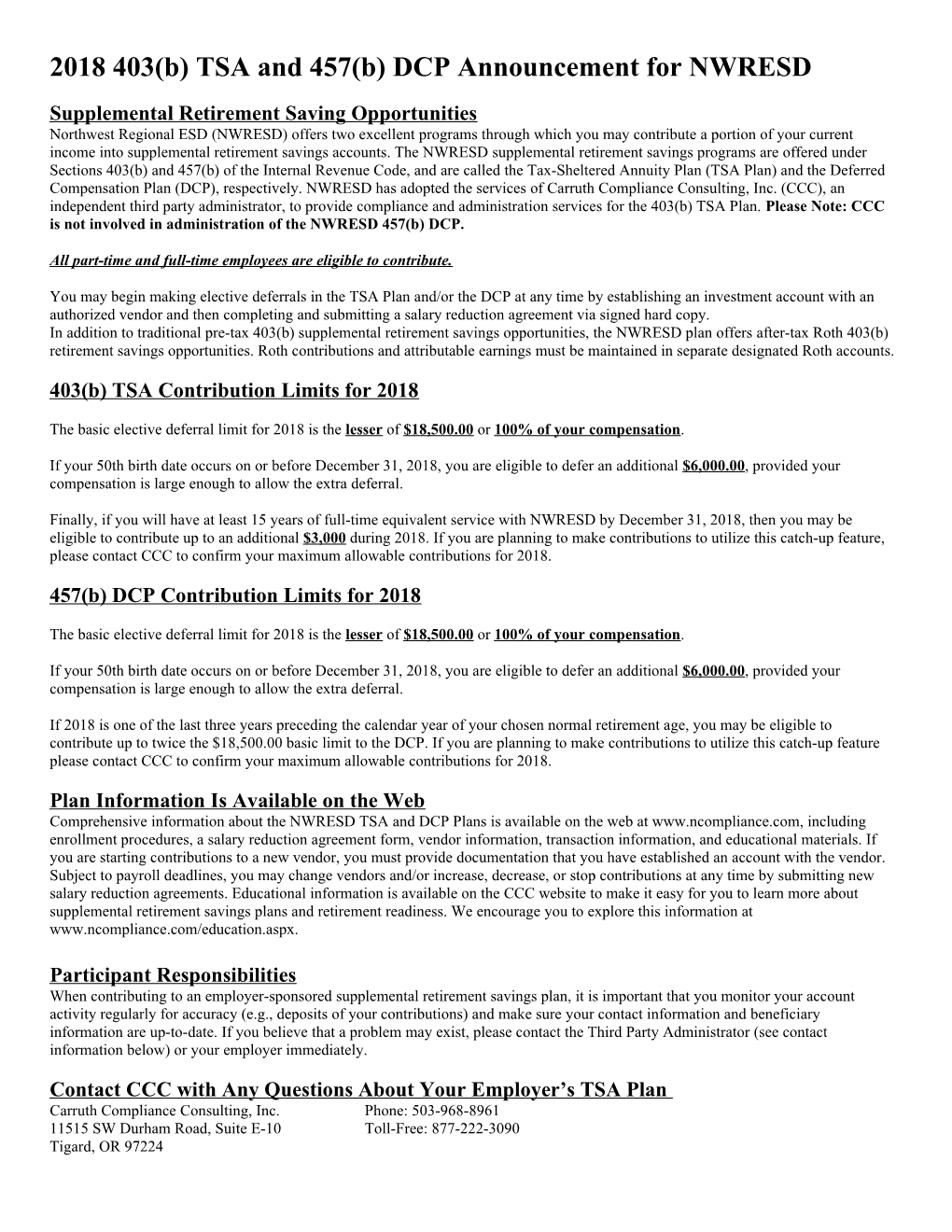 2018 403(B) TSA and 457(B) DCP Announcement for NWRESD