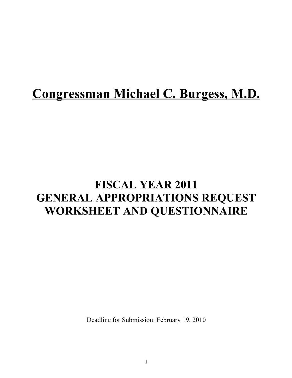 General Appropriations Request Worksheet and Questionnaire