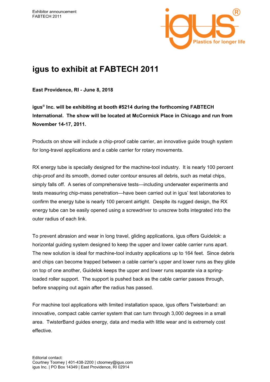 Igus to Exhibit at FABTECH 2011