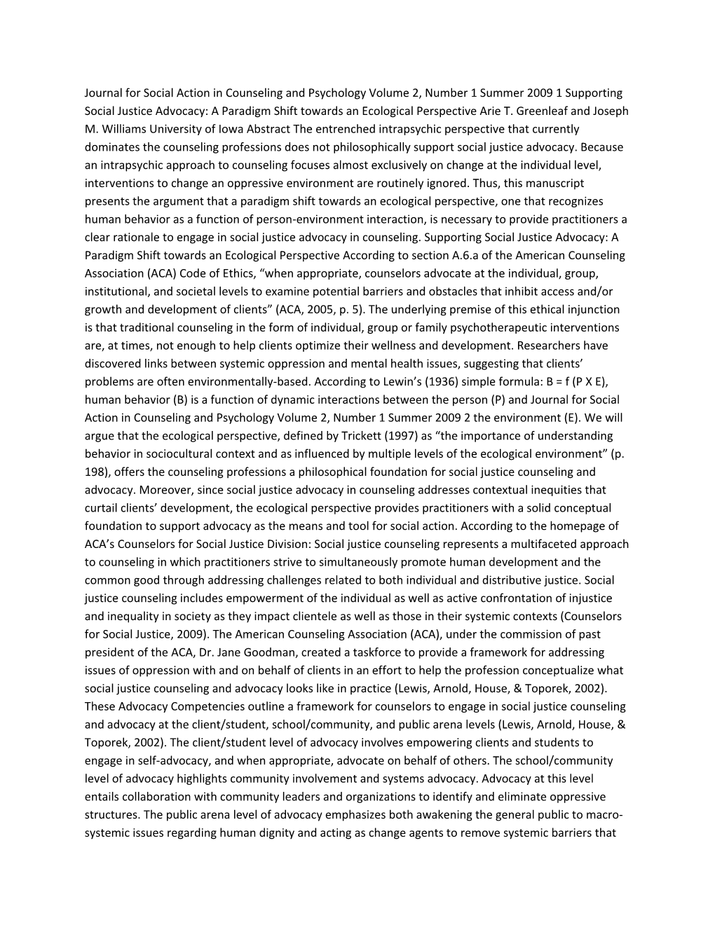 Journal for Social Action in Counseling and Psychology Volume 2, Number 1 Summer 2009 1